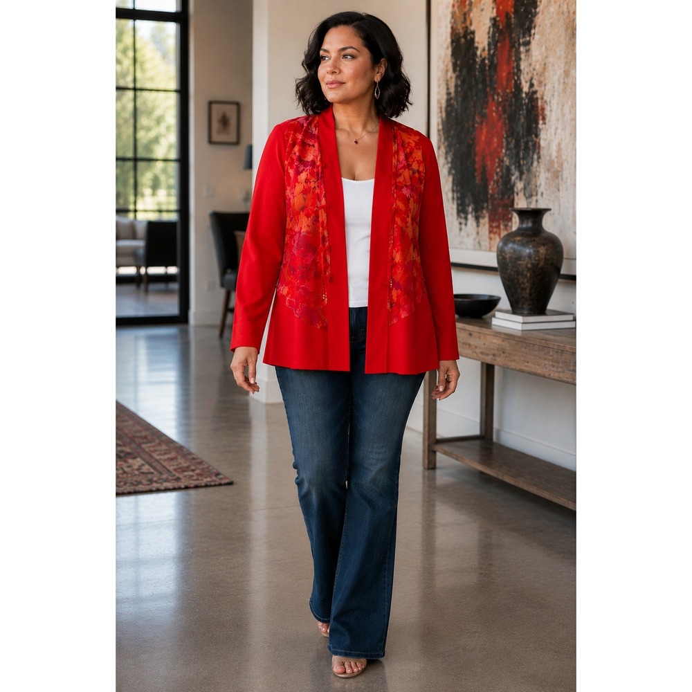 Nancy Bolen Womans Sz Large Long Sleeve Topper Open‎ Blouse Red Crepe